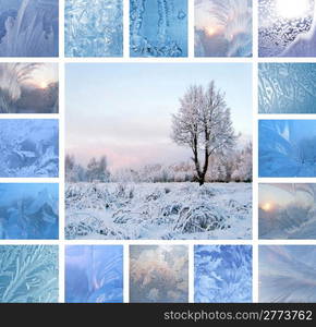 Collage of ice patterns on glass and winter landscape with tree