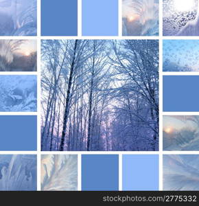 Collage of ice patterns on glass and winter trees