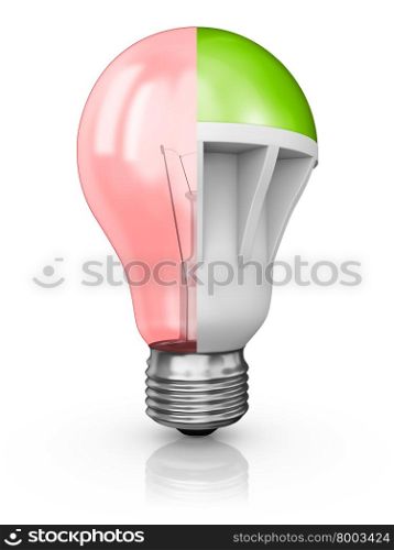 collage of incandescent and LED bulbs on a white background