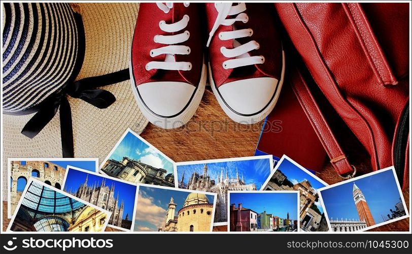 Collage of landmarks, set of travel photos. Suitcase and tourist stuff on wooden background .. Collage of landmarks, set of travel photos. Suitcase and tourist stuff on wooden background