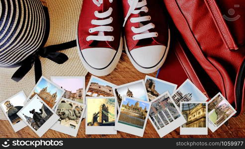 Collage of landmarks, set of travel photos. Suitcase and tourist stuff on wooden background .. Collage of landmarks, set of travel photos. Suitcase and tourist stuff on wooden background