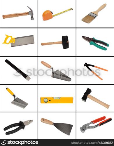 Collage of many different tools isolated on white background