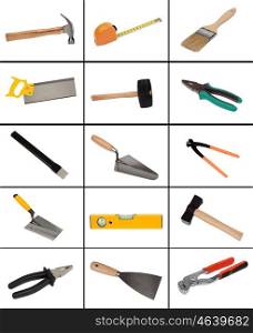 Collage of many different tools isolated on white background