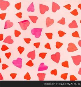collage of many hearts cut from pink and red papers on pink pastel paper