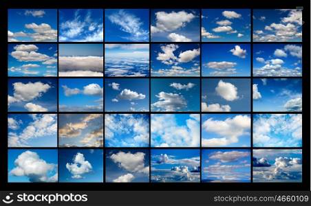 Collage of many images of blue sky with clouds