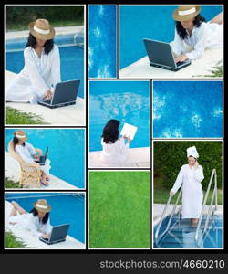 Collage of photos of women in the pool with laptop