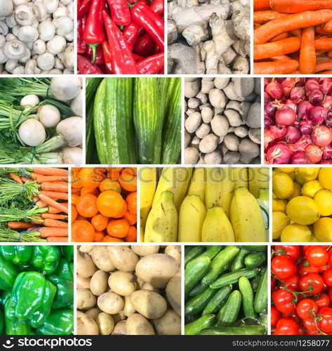 Collage Of Photos With Healthy Organic Fruits And Vegetables. Collection Of Healthy Fresh Food Backgrounds.