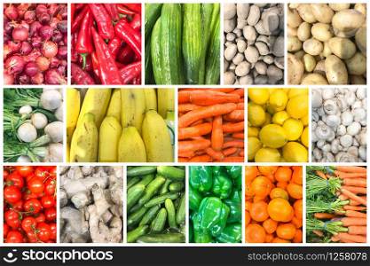 Collage Of Photos With Healthy Organic Fruits And Vegetables. Collection Of Healthy Fresh Food Backgrounds.