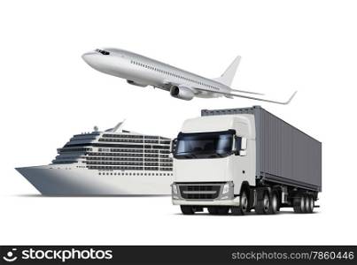 Collage of plane, ship and truck isolated on white