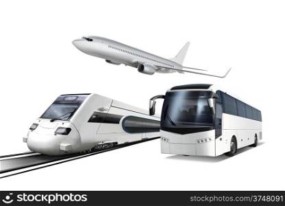 Collage of plane, train and bus isolated on white, transport for travel