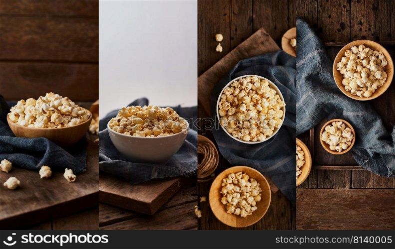 Collage of popcorn with caramel on wooden background.