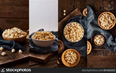 Collage of popcorn with caramel on wooden background.