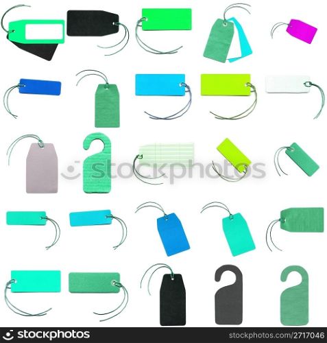 Collage of price tag or address label with string isolated over white. Tag label
