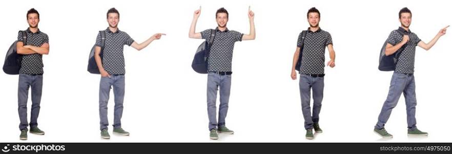 Collage of student with backpack on white