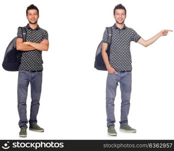 Collage of student with backpack on white