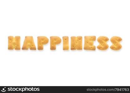 Collage of text word HAPPINESS. Alphabet biscuit cracker isolated on white background