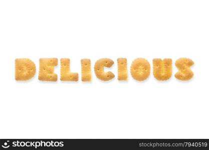 Collage of the capital letter word DELICIOUS. Alphabet cookie biscuits isolated on white background