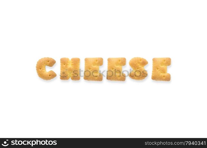 Collage of the capital letters word CHEESE. Alphabet cookie biscuits isolated on white background