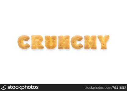 Collage of the capital letters word CRUNCHY. Alphabet cookie biscuits isolated on white background