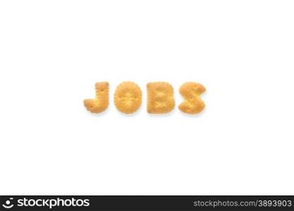Collage of the capital letters word JOBS. Alphabet cookie biscuits isolated on white background