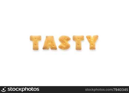 Collage of the capital letters word TASTY. Alphabet cookie biscuits isolated on white background