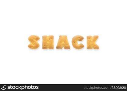 Collage of the character word SNACK. Alphabet cookie cracker isolated on white background