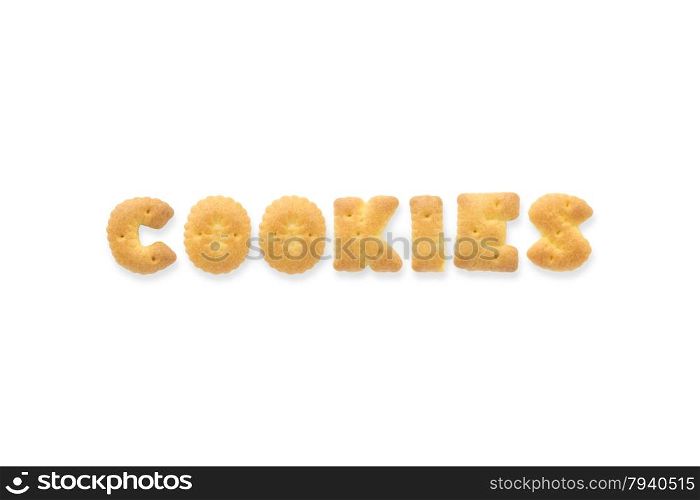 Collage of the text word COOKIES. Alphabet cookie cracker isolated on white background
