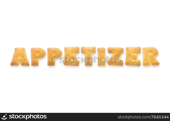 Collage of the uppercase letter-word APPETIZER. Alphabet cookie biscuits isolated on white background