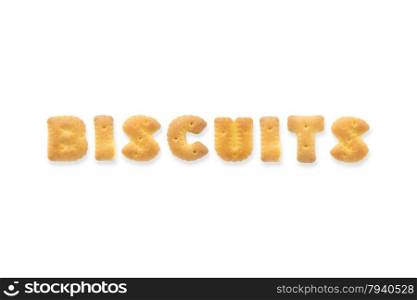 Collage of the uppercase letter-word BISCUITS. Alphabet cookie biscuits isolated on white background