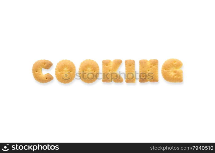 Collage of the uppercase letter-word COOKING. Alphabet cookie cracker isolated on white background