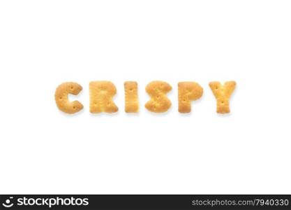 Collage of the uppercase letter-word CRISPY. Alphabet cookie biscuits isolated on white background