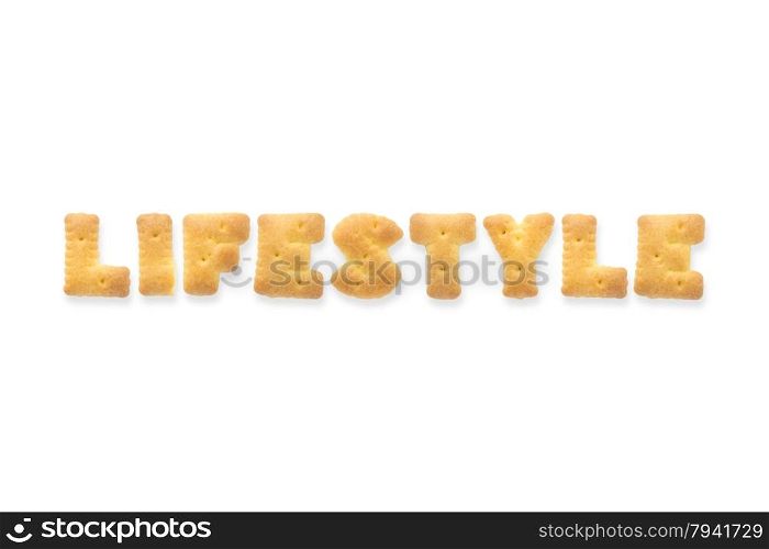 Collage of the uppercase letter-word LIFESTYLE. Alphabet cookie cracker isolated on white background