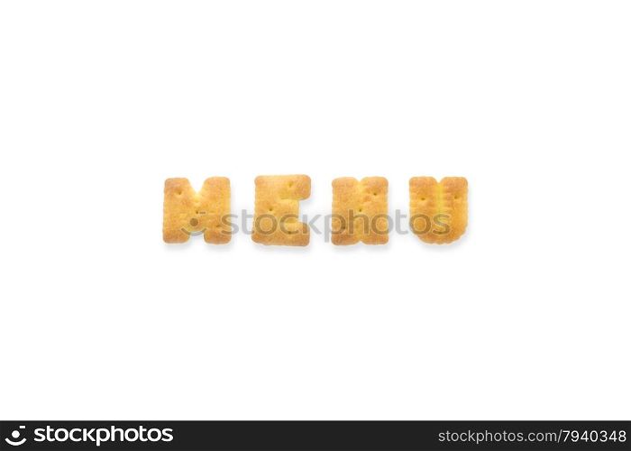 Collage of the uppercase letter-word MENU. Alphabet cookie biscuits isolated on white background