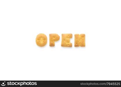 Collage of the uppercase letter-word OPEN. Alphabet cookie crackers isolated on white background