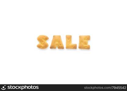 Collage of the uppercase letter-word SALE. Alphabet cookie crackers isolated on white background