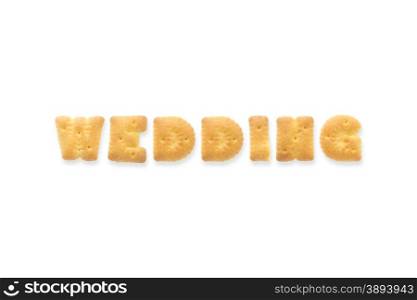 Collage of the uppercase letter-word WEDDING. Alphabet cookie biscuits isolated on white background