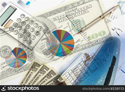 Collage of various business elements. Dollar, stocks, sky, building