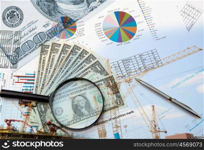 Collage of various business elements. Dollar, stocks, sky, building