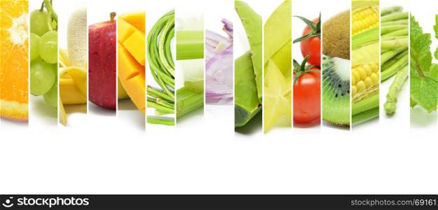 Collage of various type color fruits and vegetables. Fresh food.