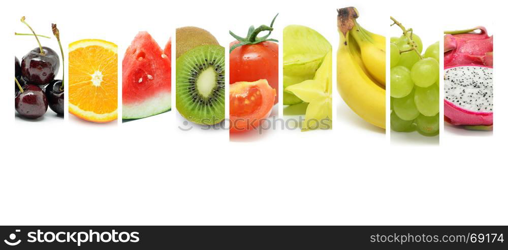 Collage of various type color fruits. Fresh food.