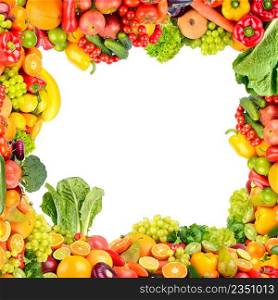 Collage of vegetables and fruits in form of square frame isolated on white background.