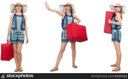 Collage of woman preparing for summer vacation isolated on white