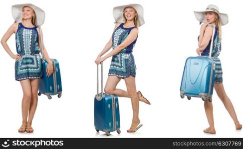Collage of woman preparing for summer vacation isolated on white