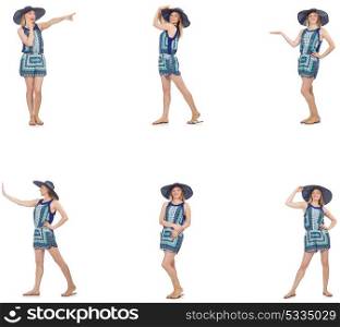 Collage of woman with panama hat isolated on white