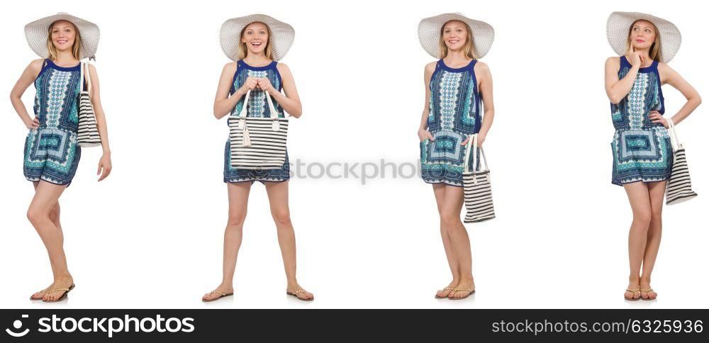 Collage of woman with panama hat isolated on white. The collage of woman with panama hat isolated on white