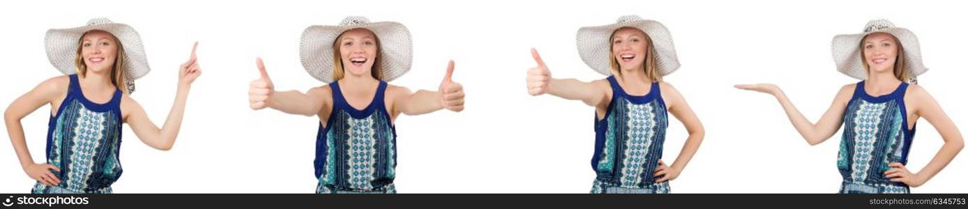 Collage of woman with panama hat isolated on white