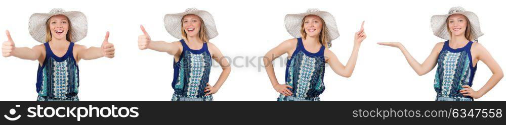 Collage of woman with panama hat isolated on white