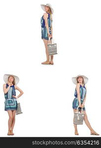 Collage of woman with panama hat isolated on white