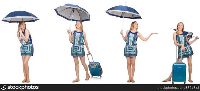 Collage of woman with umbrella and suitcase