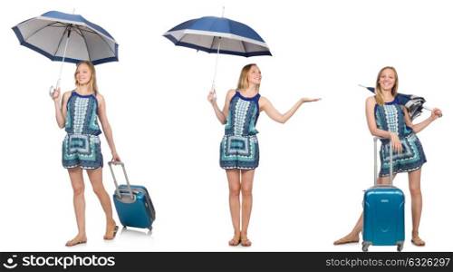 Collage of woman with umbrella and suitcase